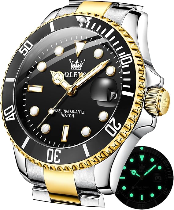 Luxury watch with black dial, gold and silver case, and green glow-in-the-dark feature.