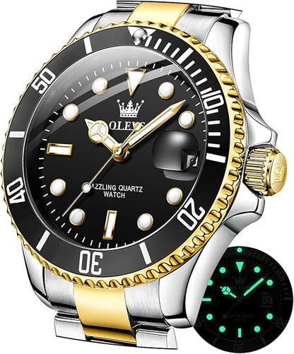 Luxury watch with black dial, gold and silver case, and green glow-in-the-dark feature.