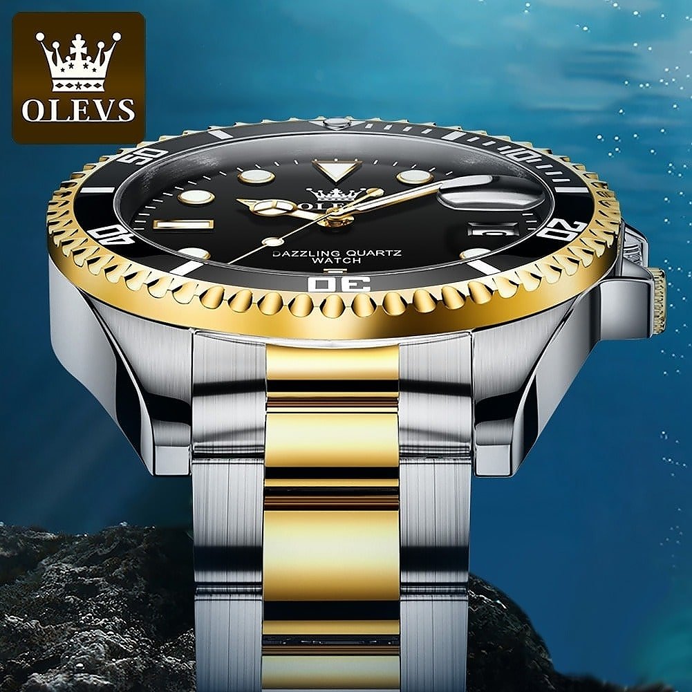 Luxury watch with gold and silver band on a blue underwater background, featuring OLEVS brand.
