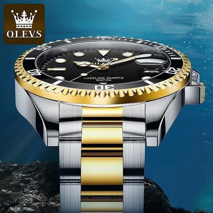 Luxury watch with gold and silver band on a blue underwater background, featuring OLEVS brand.