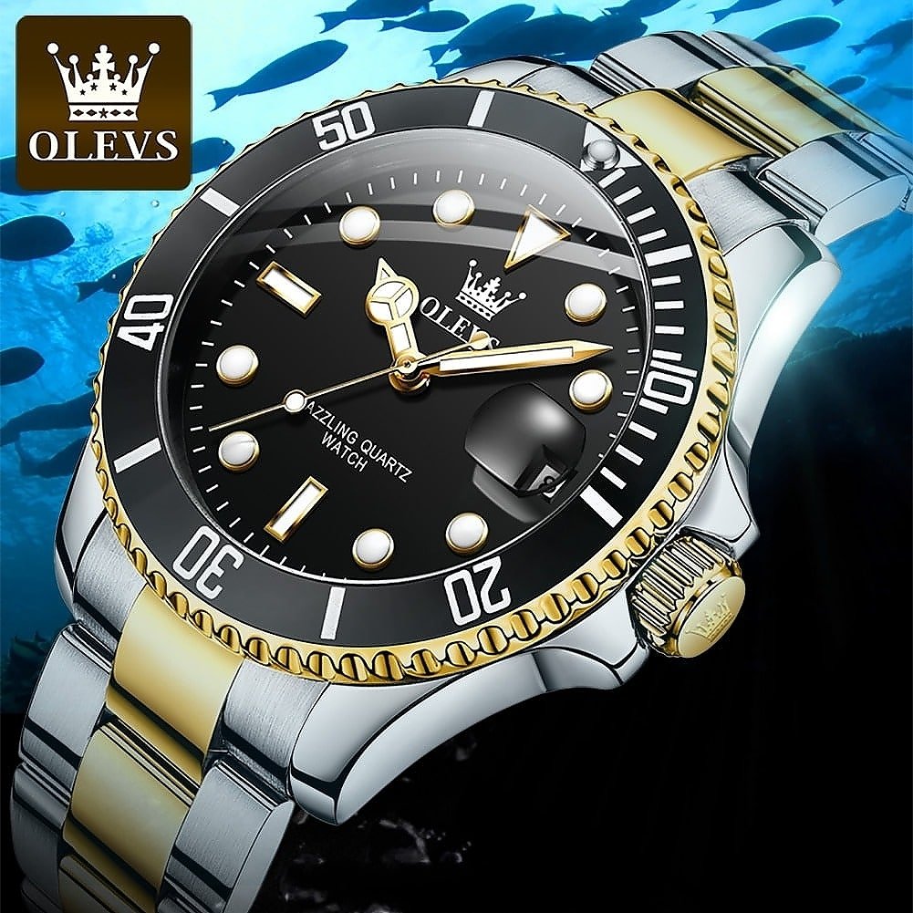 Luxury watch with black dial and gold accents on a blue underwater background